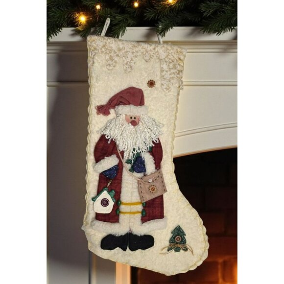 Handmade Santa Claus Christmas Stocking Rustic Folk Art Country Sherpa Felt - Picture 1 of 4